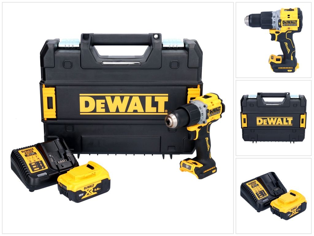 A collage of images showing a DeWalt cordless drill, its case, batteries, and charger.