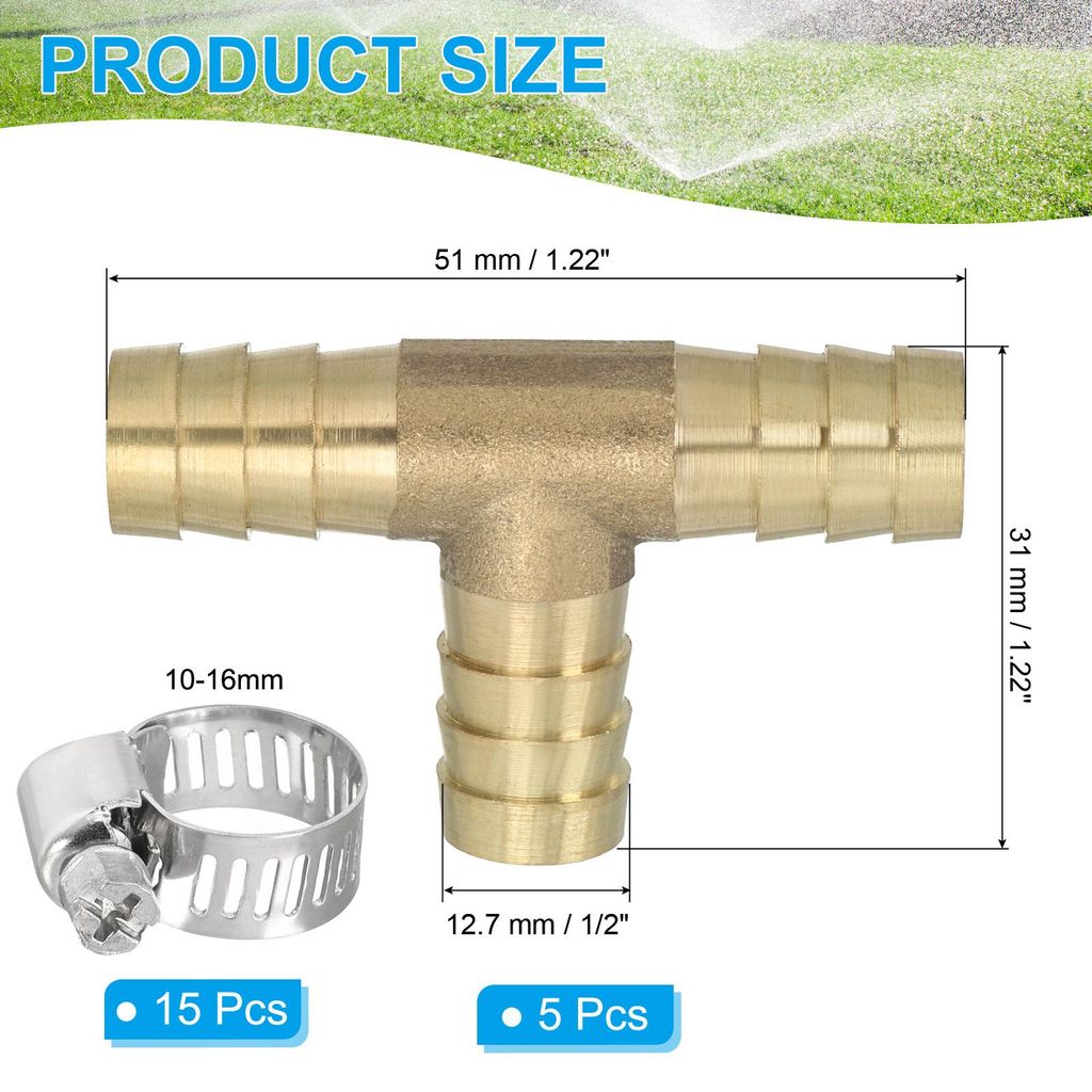 1/2 Zoll Messing T Stš¹ck Wasseranschluss, 5 Stš¹ck 3 Wege T-Schlauchverbinder Verbindungsstš¹ck T Form mit Schlauchschellen fš¹r Wasser Lu...