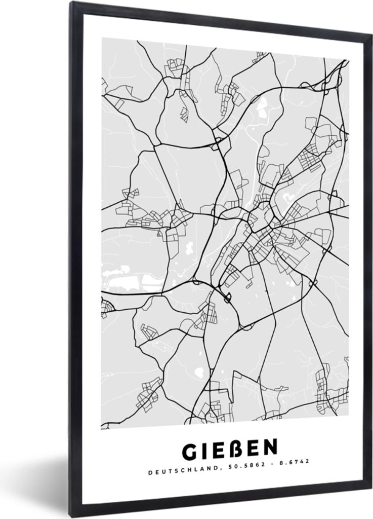 MuchoWow Gerahmtes Poster Deutschland - Stadtplan - Gieẞen - Karte 20x30 cm - Poster mit Schwarzem Bilderrahmen Wandposter Rahmen Foto Bilder -...