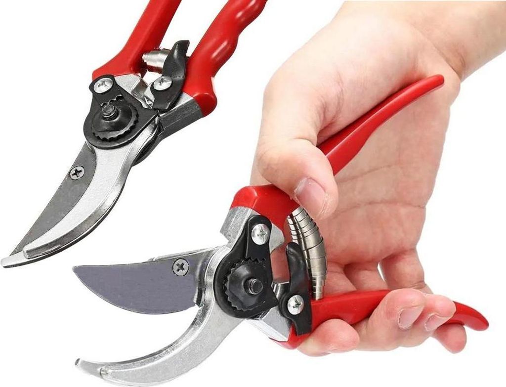 A hand holding a pair of red and silver garden shears, with another pair of shears in the background.