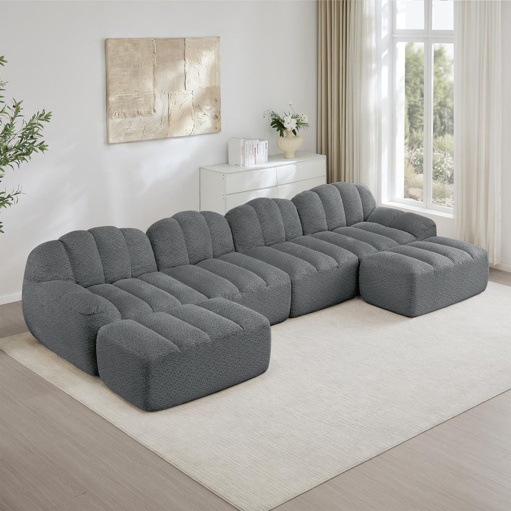 Modulares U-Form Sofa 4-Sitzer, 2 Ottomans, Muschelform, Boneless, 32D Hochdichtschaum, tiefe Sitzfläche, weicher Stoff, Wohnzimmer