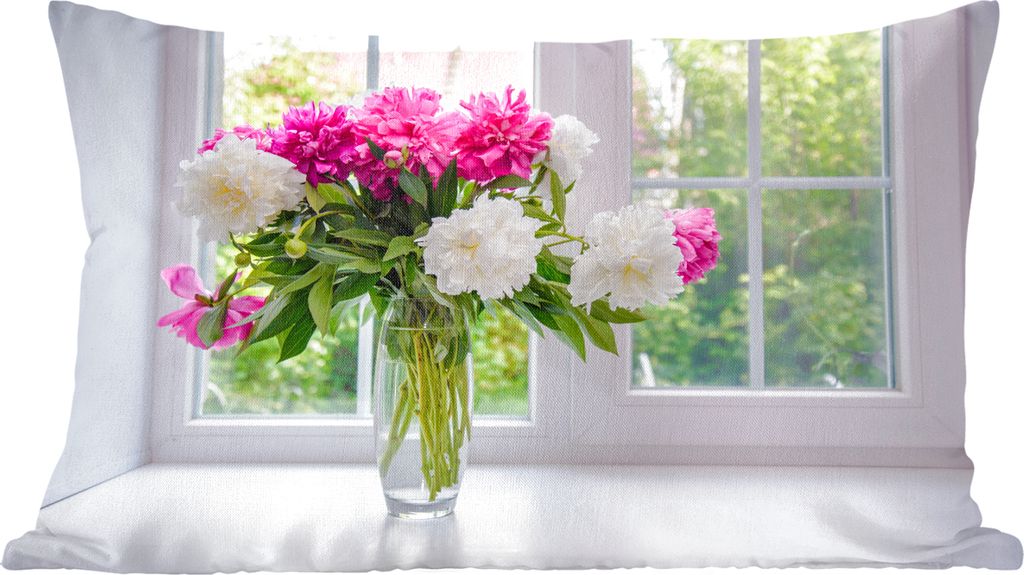 MuchoWow Zierkissen Sofakissen Wohnzimmer Dekokissen 50x30 cm Blumen - Pfingstrosen - Vase - Wohnzimmerdekoration - Polster mit Photo