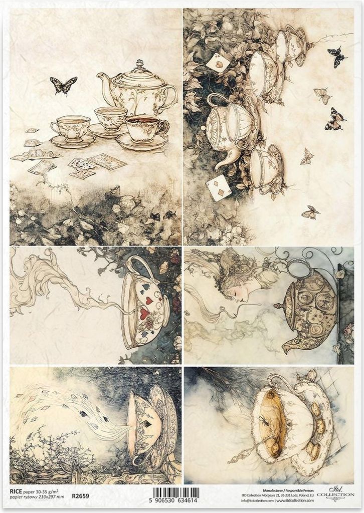 Reispapier für Decoupage A4 - Tassen, Schmetterlinge, Porzellan, Gesicht einer Frau - R2659 - Itd Collection