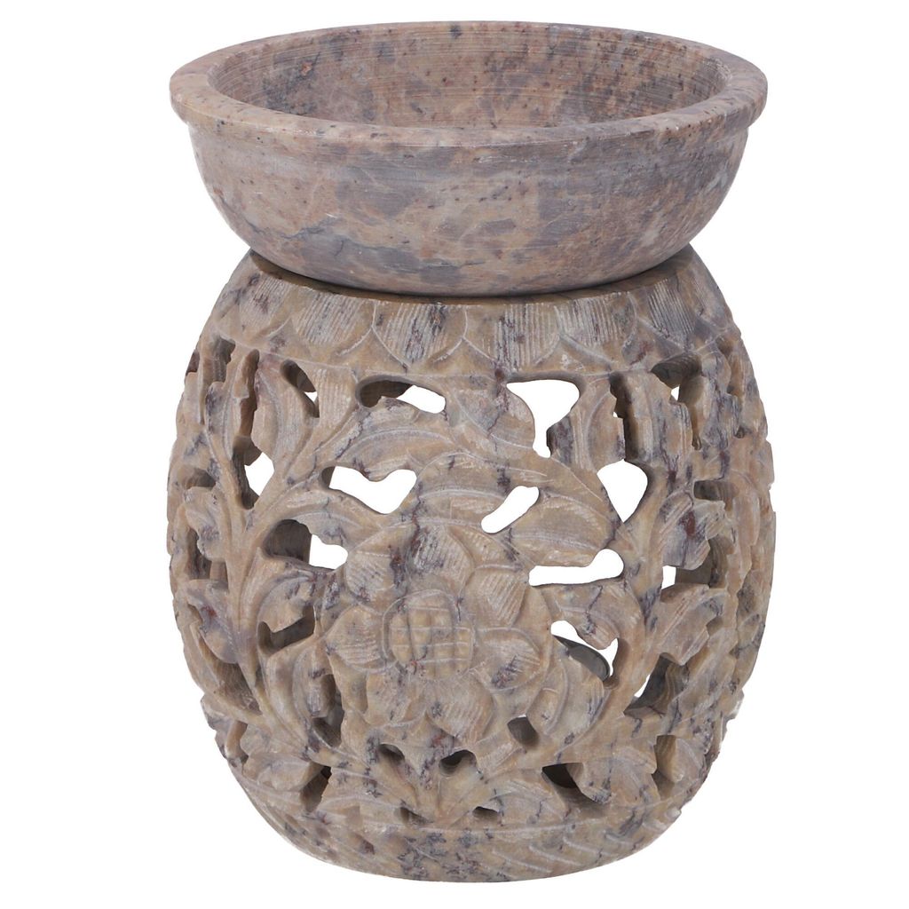 Indische Duftlampe, ätherisches Öl Diffusor, Teelicht Halter für Aromatherapie, Aromalampe aus Speckstein - Rund Blumenranke 2, Creme-weiß, 10*...