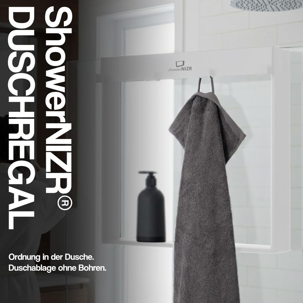 ShowerNIZR Duschregal Arctic White - Duschablage ohne Bohren für Duschwand zum Hängen aus Edelstahl mit 4 Haken