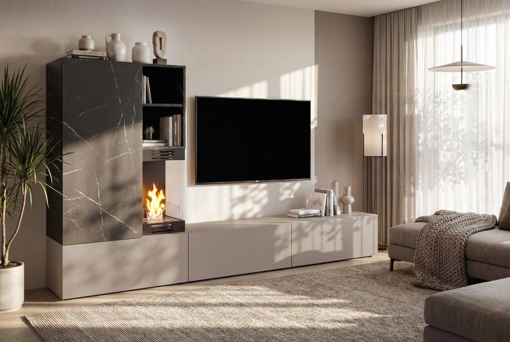 Anbauwand Wohnwand Schrankwand GINA mit Push-Click und Bio-Ethanol Kamin