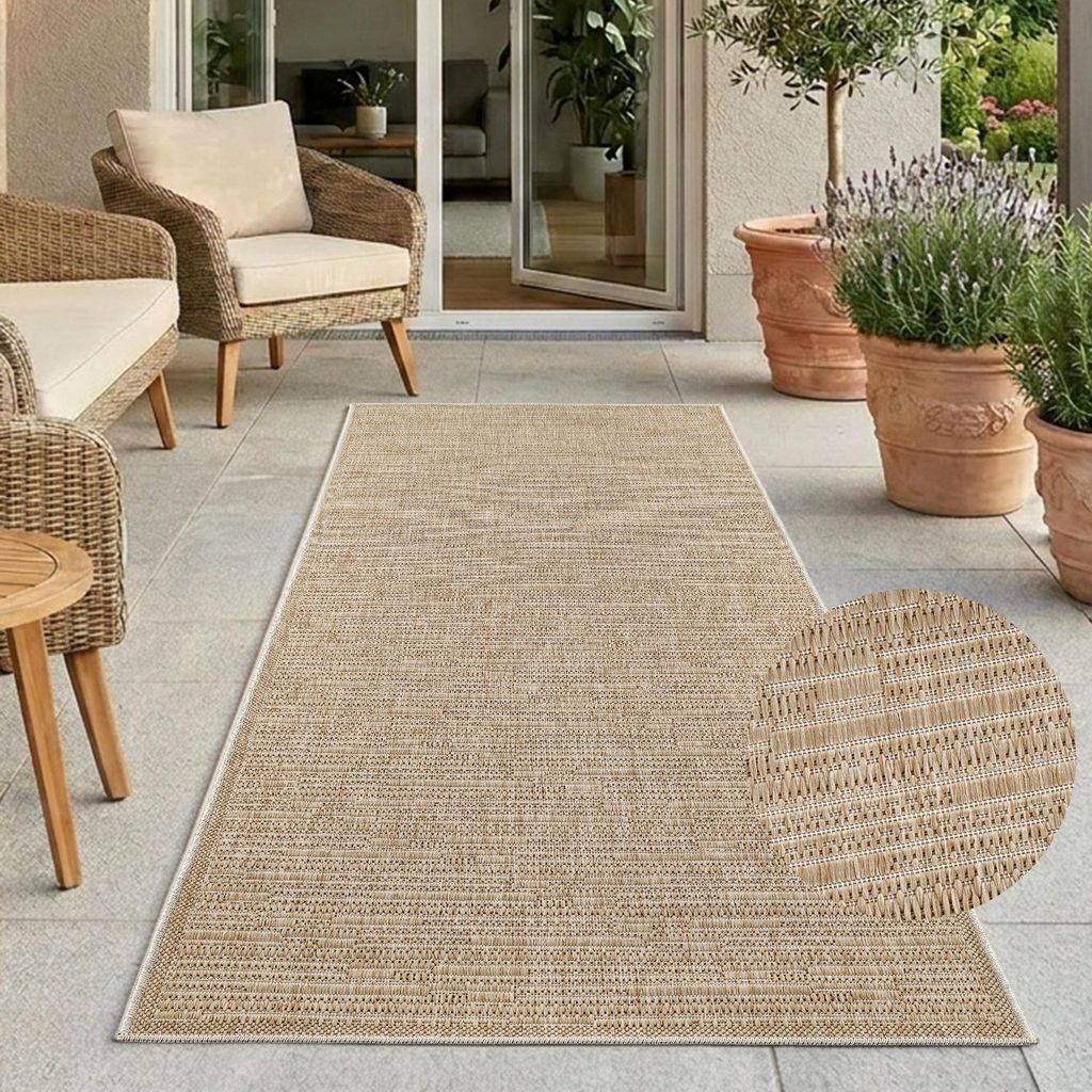 Outdoor Teppich Wetterfest Balkon Terrasse Braun 80x250 cm - Meliertes Muster, Flachgewebe, Sisal-Optik, Flachgewebe