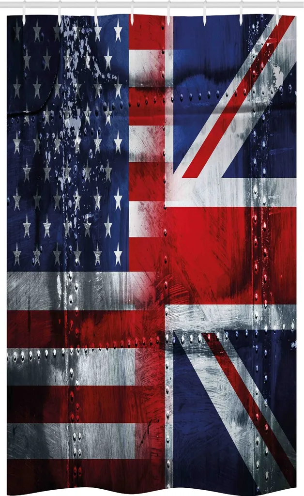 ABAKUHAUS Tenda da doccia stretta Union Jack, Alleanza tra Regno Unito e Stati Uniti, set decorativo per bagno in tessuto con ganci, 120 x 180 cm, bianco blu rosso