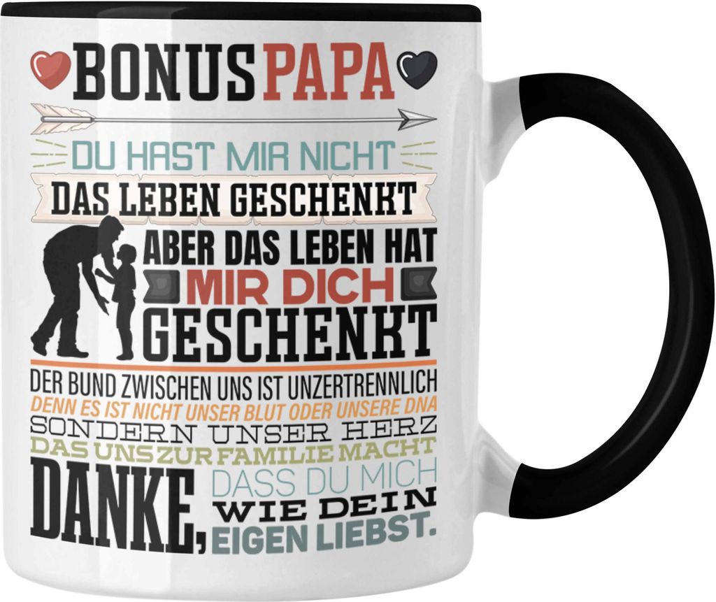 Trendation - Bonus Papa Tasse Stiefvater Geschenk Stiefvater Vatertag Lustiger Spruch (Schwarz)