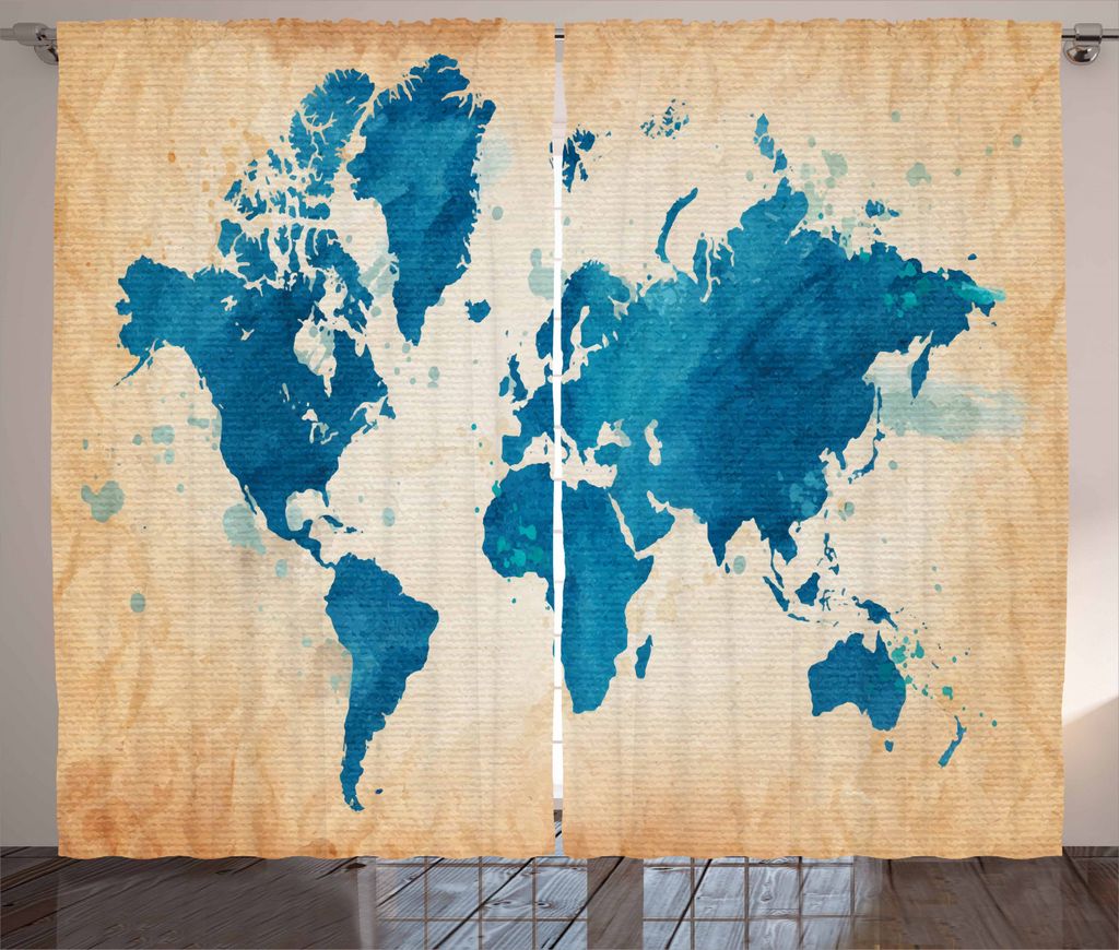 ABAKUHAUS Karte Rustikaler Gardine, Weinlese-Aquarell, Schlafzimmer Kräuselband Vorhang mit Schlaufen und Haken, 280 x 245 cm, Navy Blue Sand Brown