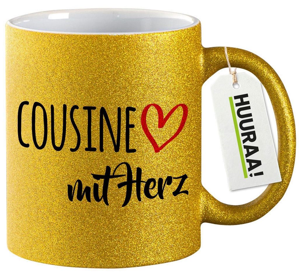 Huuraa Glitzertasse Cousine mit Herz 330ml Gold Keramik Kaffeebecher Geschenkidee