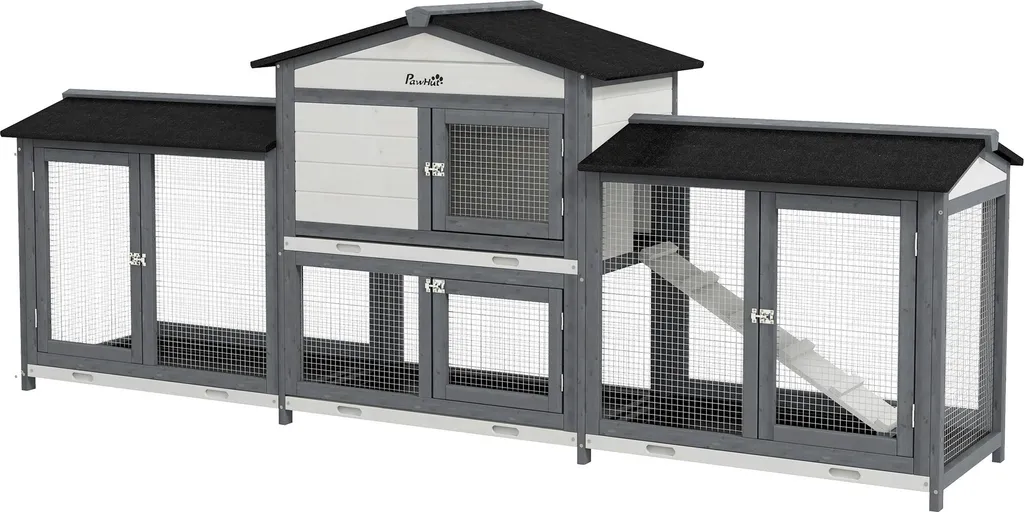 Clapier PawHut en bois pour lapins 230x53x93 cm avec enclos et rampe