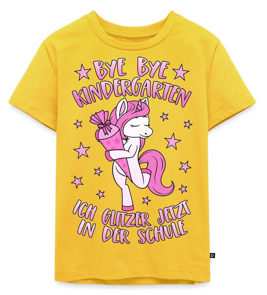 Spreadshirt Einschulung Bye Bye Kindergarten Einhorn Schule Kinder Premium T-Shirt, 134/140 (8 Jahre), Sonnengelb