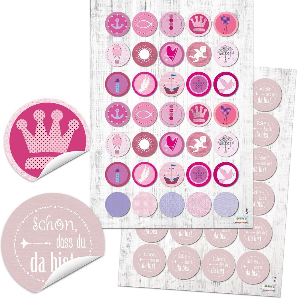 SET 70 + 48 SCHÖN DASS DU DA BIST rosa rot pink rosè Aufkleber rund Kommunion Taufe Kinder-Sticker Anker Engel Krone Fisch Herz Schiff Boot Kinde...
