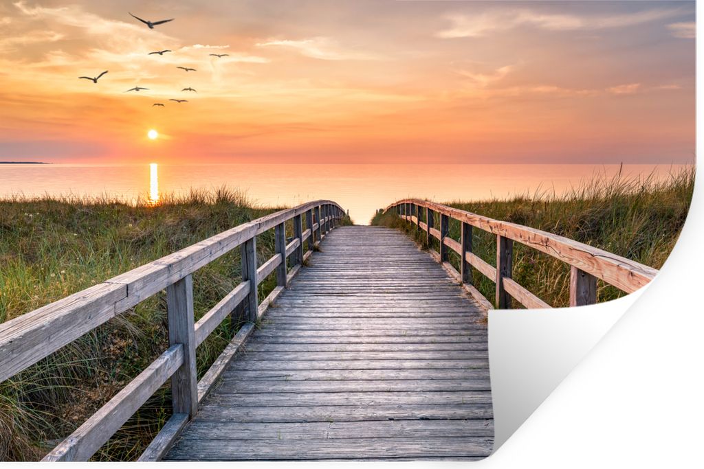 MuchoWow Wandtattoo Wandsticker Wandaufkleber Sonnenuntergang - Meer - Weg - Gras - Düne - Vögel 90x60 cm Selbstklebend und Repositionierbar - ...