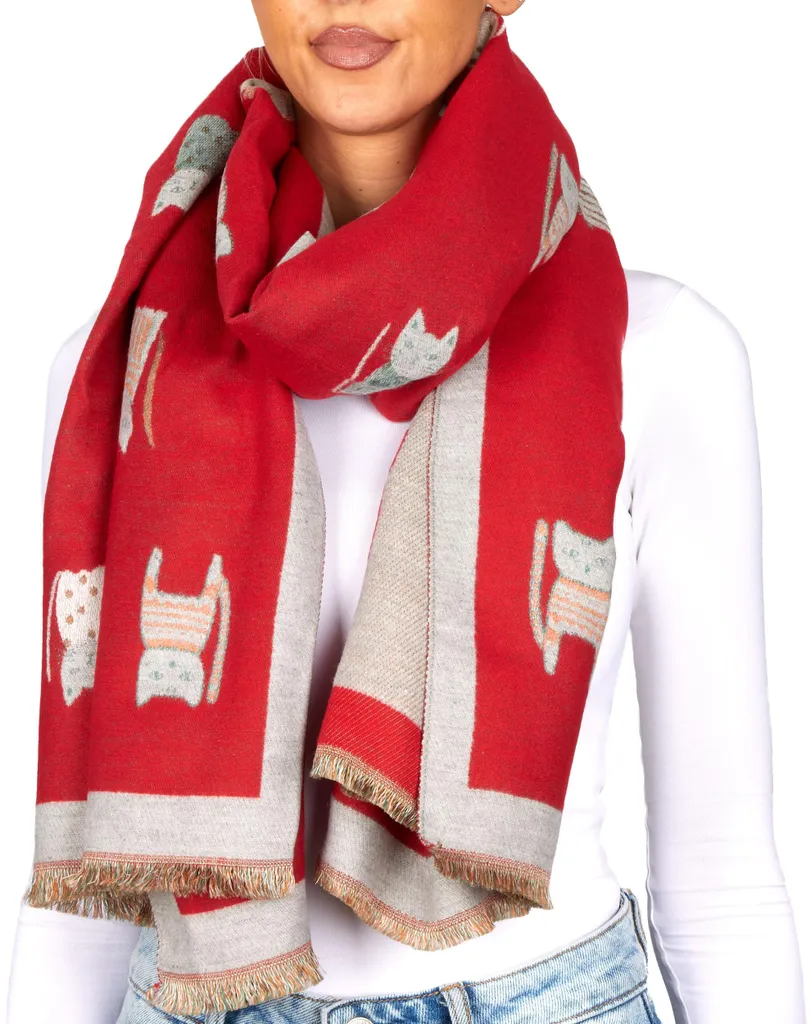 Sciarpa Rossa Donna con Gatti BRUBAKER - Accessorio Invernale Chic