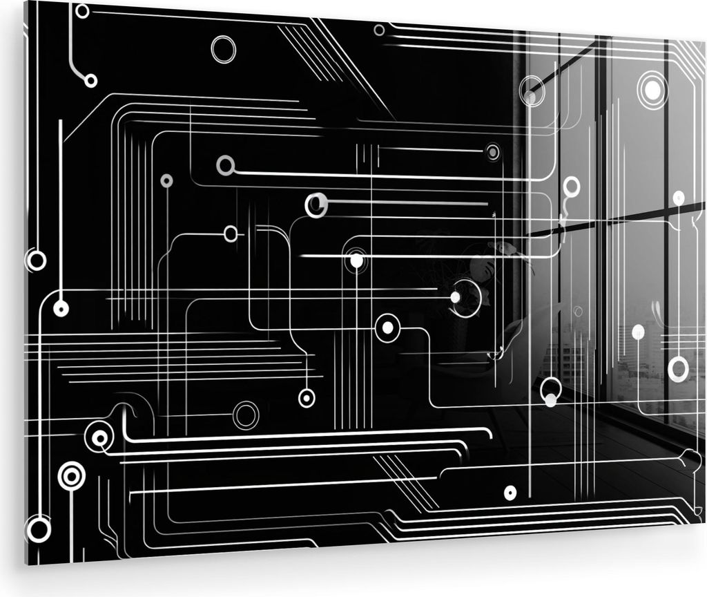 MuchoWow Glasbilder - Bilder auf Wandbild - Foto auf Glas Spiele - Abstrakt - Linien - Kreise - Schwarz 120x80 cm Wanddekoration aus Glas - Acrylgl...