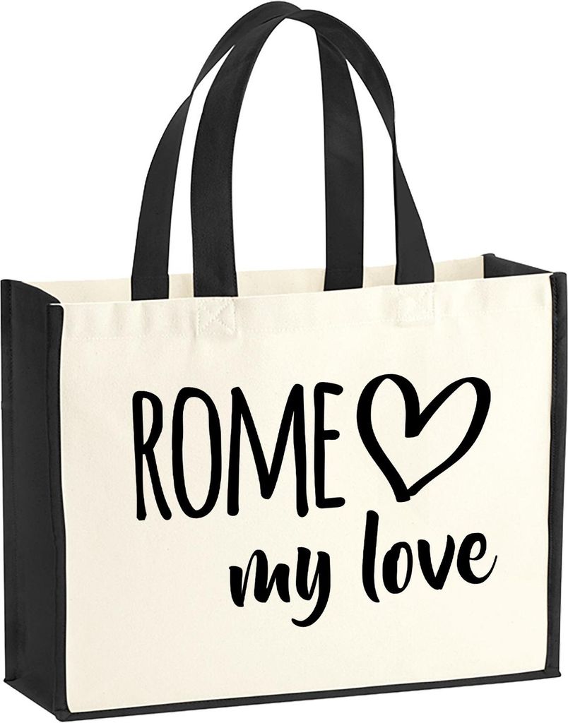 Huuraa Jutetasche Rome my love 21 Liter Black Jute und Baumwolle Einkaufstasche Geschenkidee
