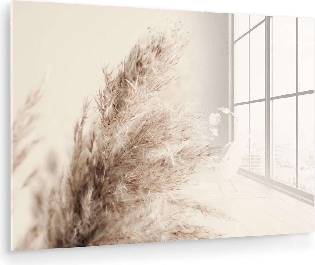 MuchoWow Glasbilder - Bilder auf Wandbild - Foto auf Glas Pflanzen - Pampaswedel - Pampasgras - Beige - Natur 60x40 cm Wanddekoration aus Glas - Ac...