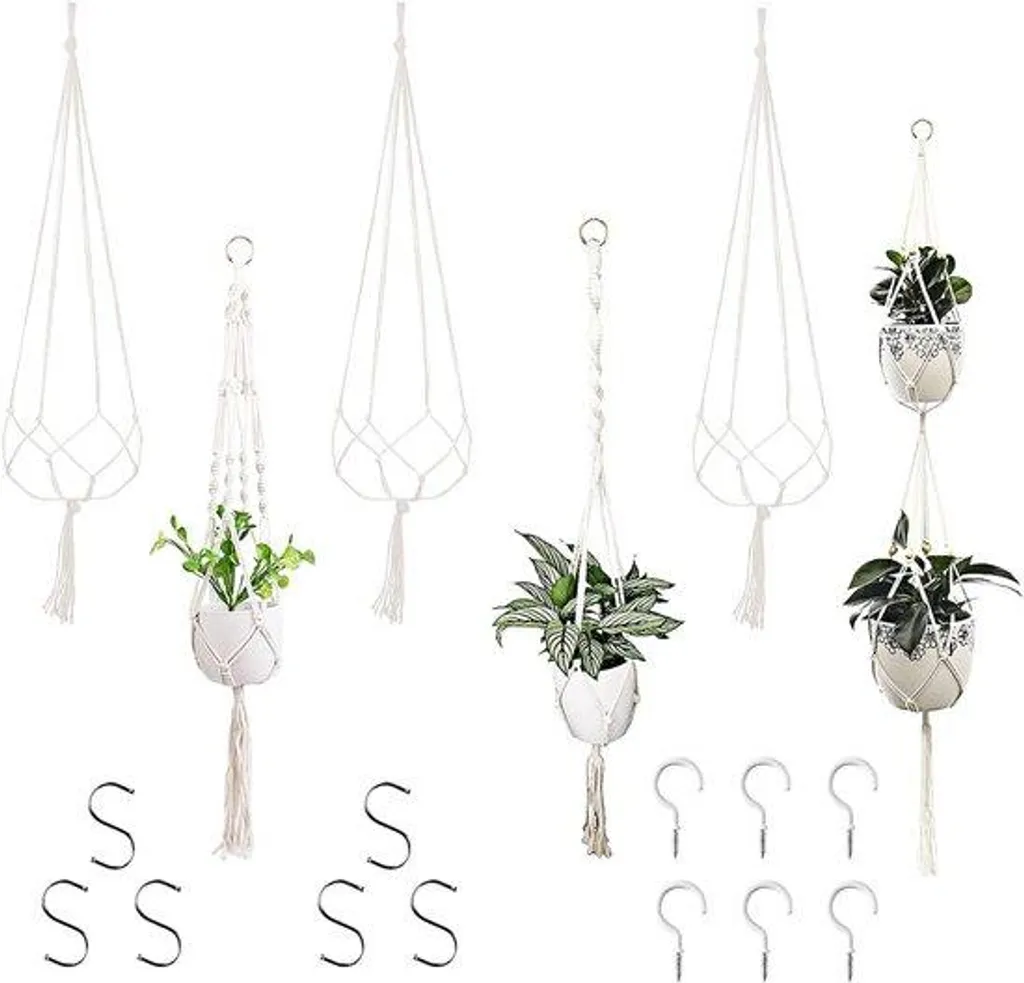Lot de 6 Paniers Macramé en Coton avec 12 Crochets de Suspension Inclus
