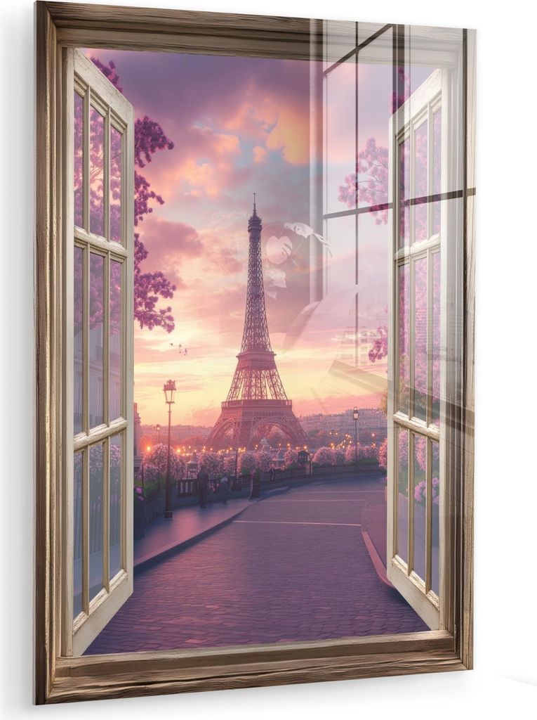 MuchoWow Glasbilder - Bilder auf Wandbild - Foto auf Glas Durchsichtig - Paris - Eiffelturm - Rosa - Kirschblüte 30x40 cm Wanddekoration aus Glas ...