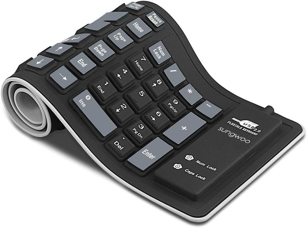 Faltbare Silikon-Tastatur, kabelgebunden, wasserdicht, aufrollbar, für PC, Notebook, Laptop (Schwarz+Grau)