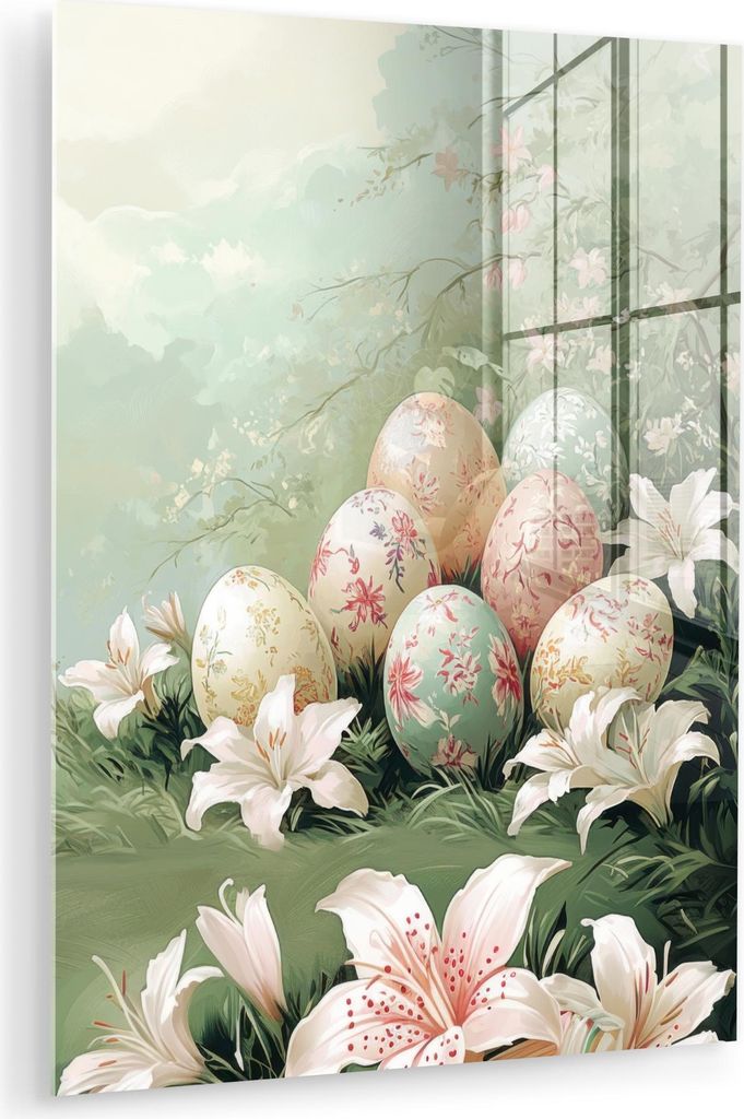 MuchoWow Glasbilder - Bilder auf Wandbild - Foto auf Glas Ostereier - Pastelltöne - Blumen 60x80 cm Wanddekoration aus Glas - Acrylglasbild - Acry...