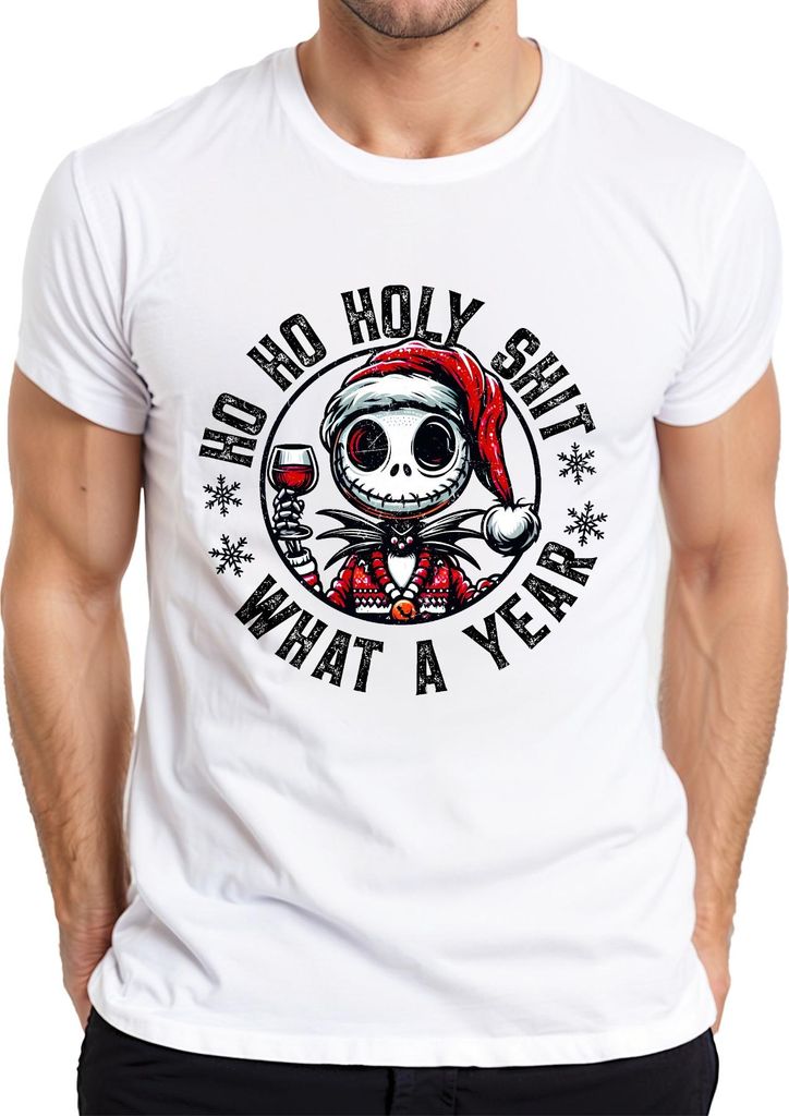 Ho Ho Holy Shit Skelett Weihnachten Wein lustig Retro Herren T-Shirt, Weiß, L