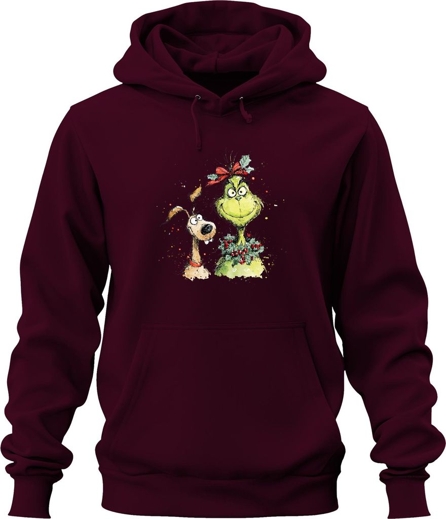Grinch Weihnachtskranz Schleife mit Hund lustig Weihnachten Uni Hoodie Kapuzenpullover, Burgundy, L