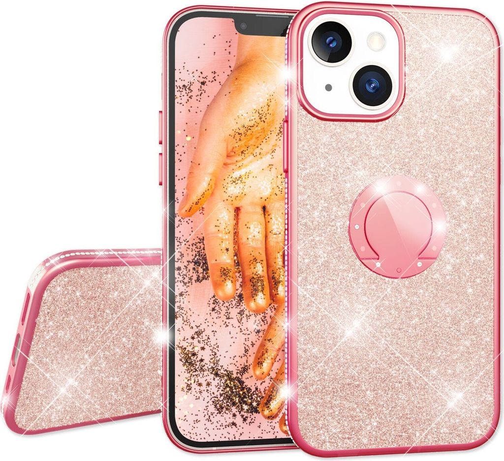 NALIA Glitzer Ringhülle für iPhone 13, Silikon Handyhülle Stoßfest Glitter Cover Bling Case Schutzhülle mit Ring Rose Gold