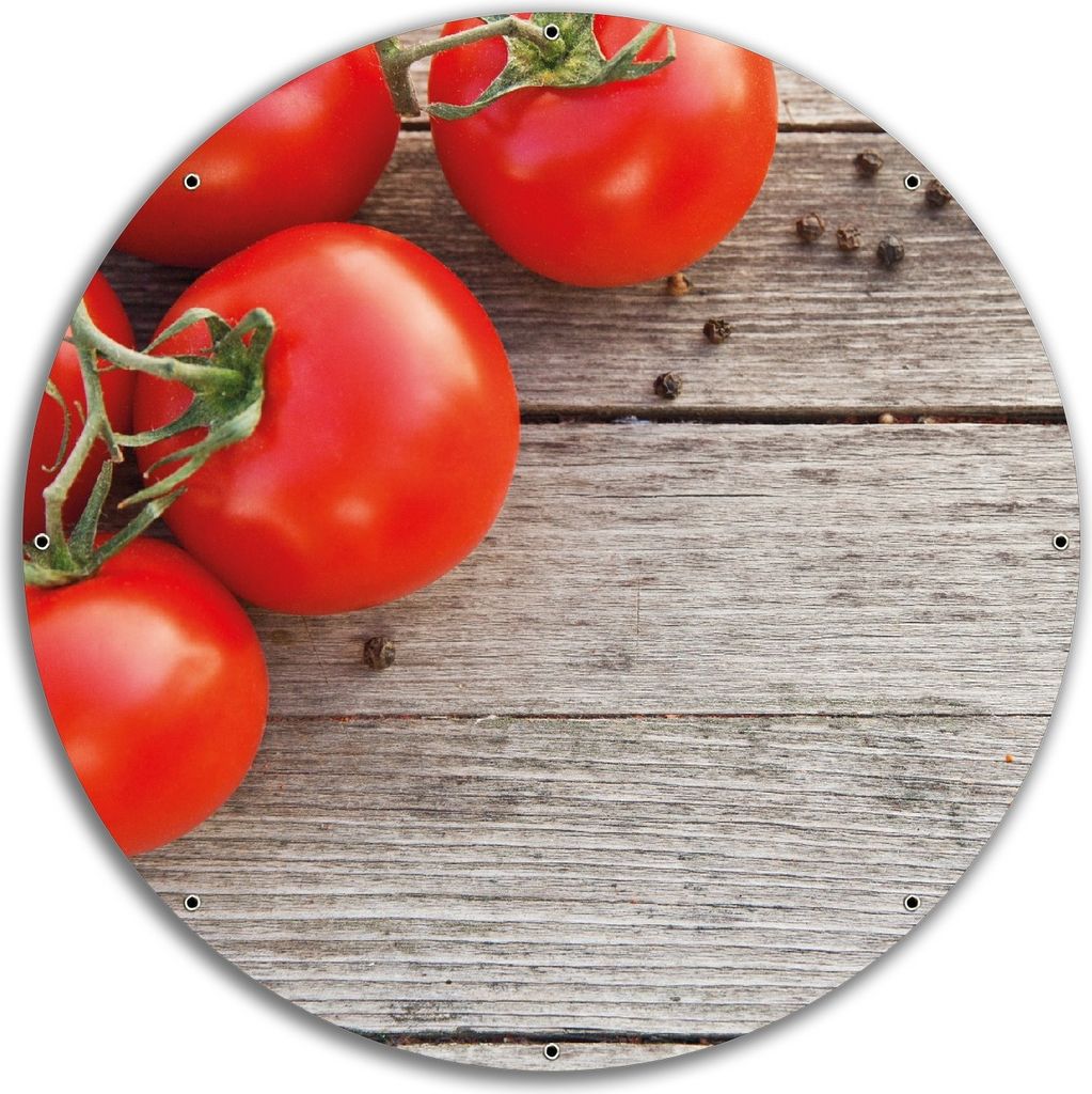 Wallario rundes Outdoor-Poster für Garten oder Balkon, Motiv Tomaten und Gewürze auf altem Holztisch, 60 cm Durchmesser
