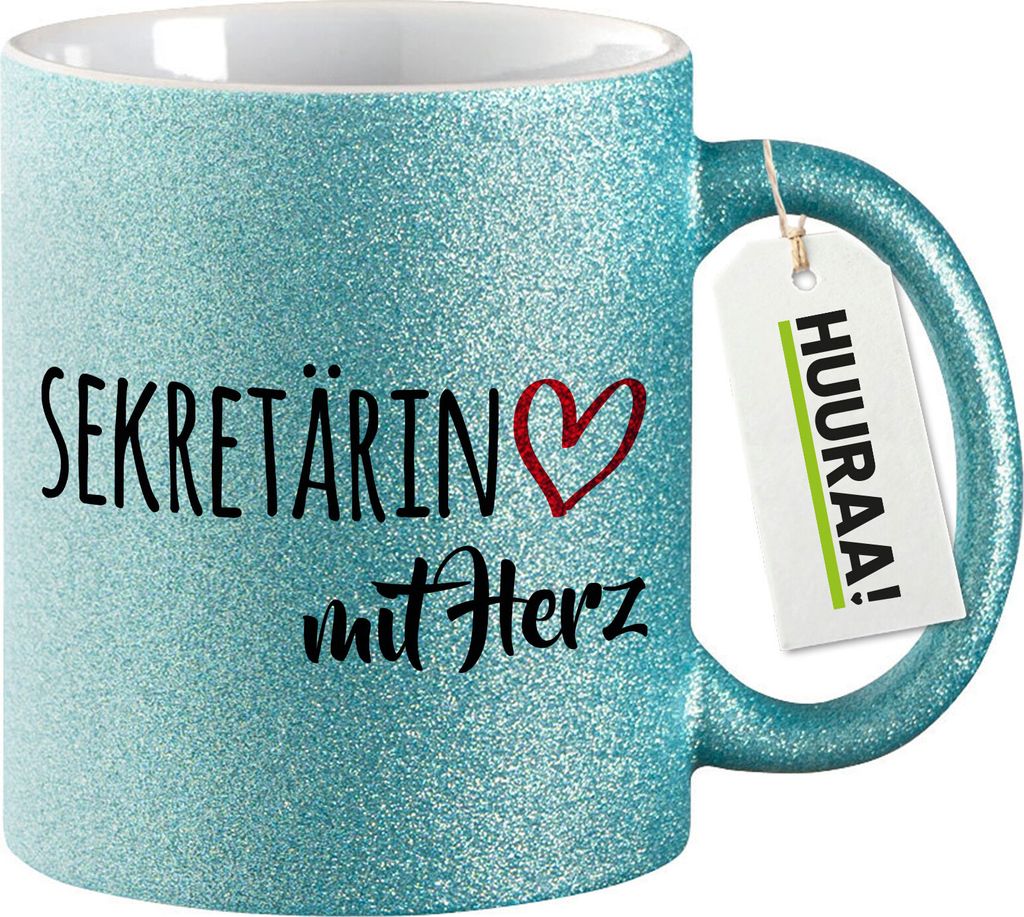 Huuraa Glitzertasse Sekretärin mit Herz 330ml Blau Keramik Kaffeebecher Geschenkidee