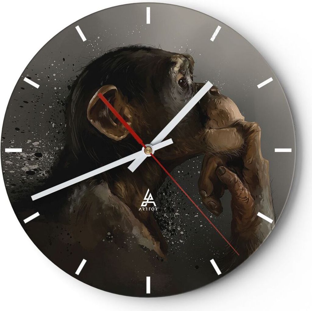 Wanduhr - Rund - Glasuhr - Schimpanse Porträt Grafik - 30x30cm - Schleichendes Uhrwerk - Lautlos - zum Aufhängen bereit - Dekoration Modern - Wan...
