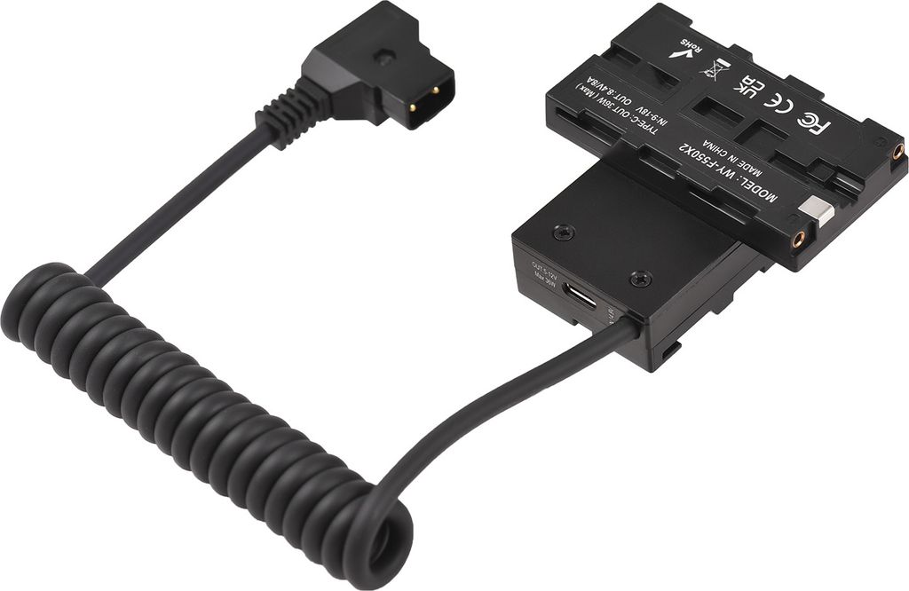 Doppelseitiger F550 NP-F Dummy-Akku, kreuzfoermig, auf D-Tap-Stromkabel mit 5-12 V Typ-C-Ausgang fuer Feldmonitor, LED-Licht, drahtlose Videouebert...