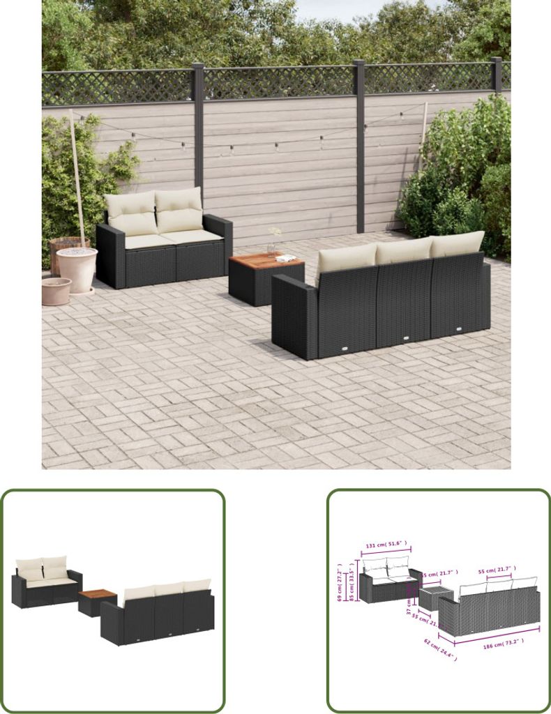 The Living Store 6-tlg. Garten-Sofagarnitur mit Kissen Schwarz Poly Rattan