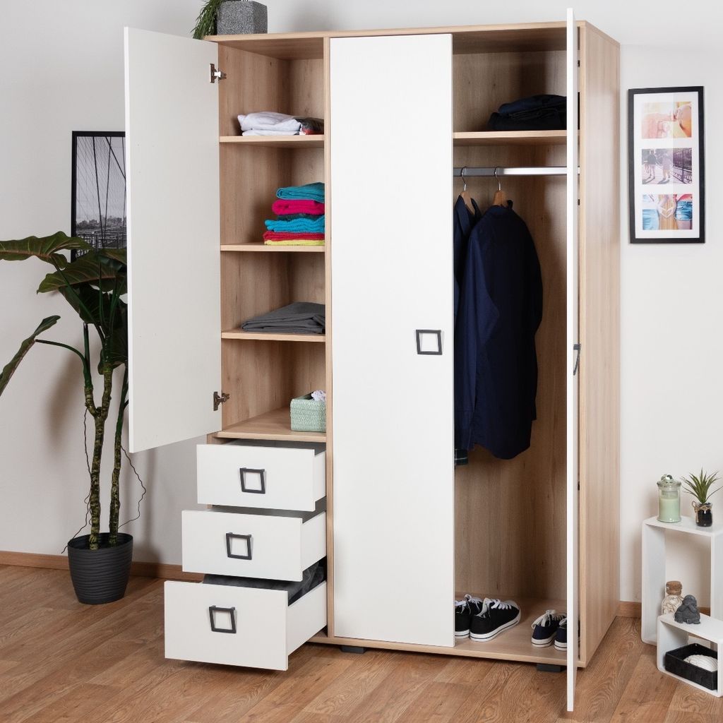 Kinderzimmer - Drehtürenschrank / Kleiderschrank Benjamin 19, Farbe: Buche / Weiß - 236 x 126 x 56 cm (H x B x T)