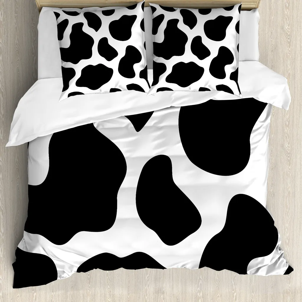 ABAKUHAUS Copripiumino con stampa mucca, bianco pelle di mucca Barn, antiacaro, adatto a chi soffre di allergie, con federe, 155 cm x 220 cm - 80 x 80 cm, bianco e nero
