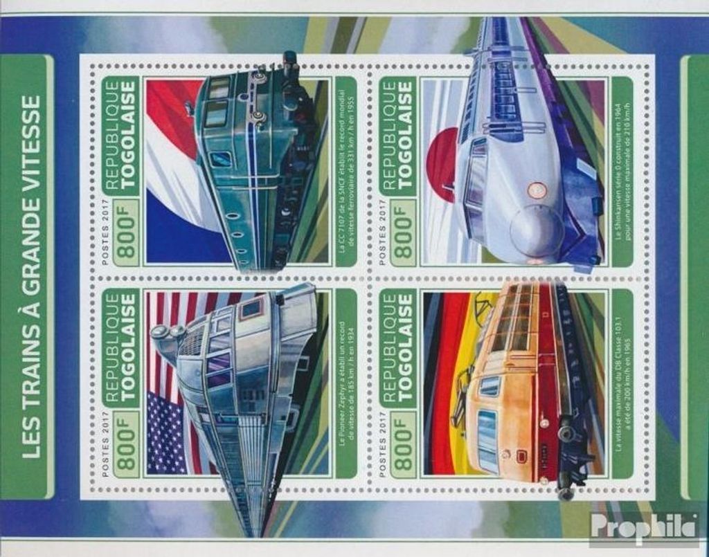 Briefmarken Togo 2017 Mi 8249-8252 Kleinbogen (kompl. Ausgabe) postfrisch Schnellzüge