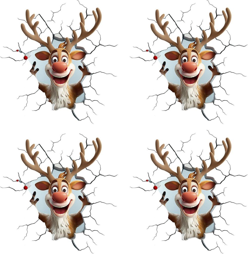 Weihnachtliche Wandaufkleber, einfach anzubringen, Cartoon-Rentier-Motiv, festliche Aufkleber, PVC, abnehmbar, 2D-Wandkunst mit Rissen, für Kinder...
