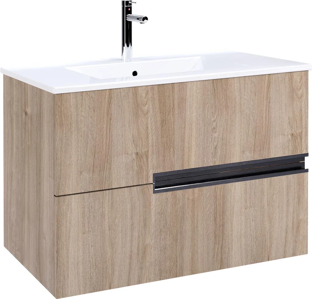 Meuble sous vasque 80cm chêne foncé et vasque céramique blanche