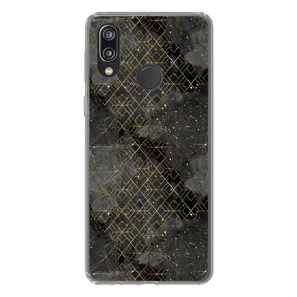 MuchoWow Handyhülle Schutzhülle Hülle für Huawei P20 Lite (2020) Marmor - Schwarz - Gold - Geometrie Silikon Softcase Handy Hülle - Kartenha...