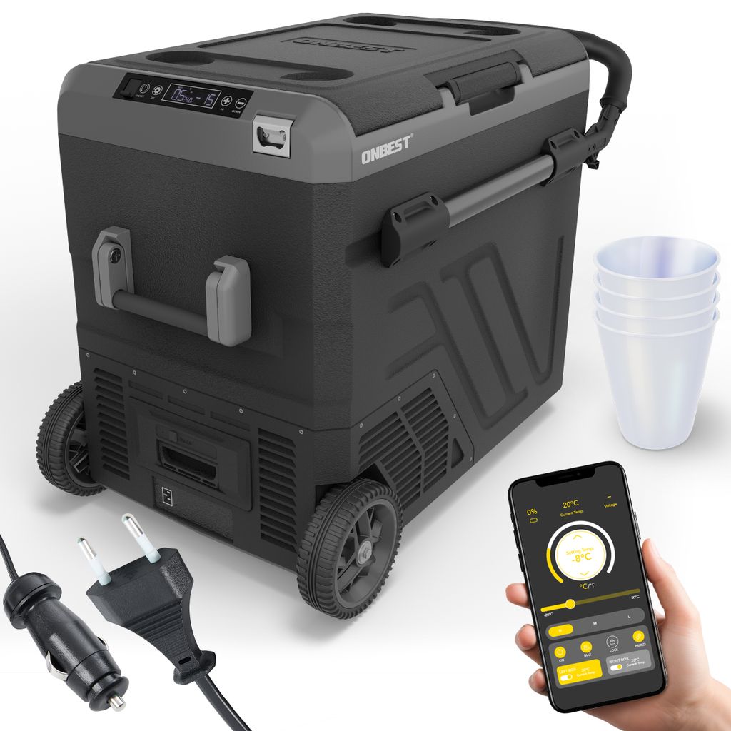 ONBEST Kompressor Kühlbox | 60L | 12V | 230V | mit App-Steuerung | Touchdisplay | Rollen | USB-Anschlüsse | LED | 4 x Trinkbecher