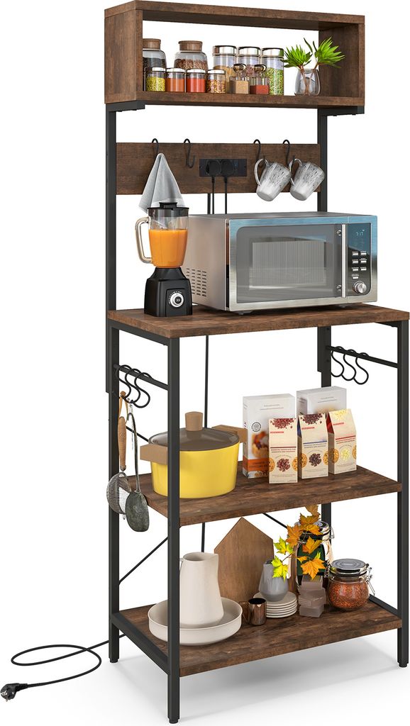 A kitchen baker's rack filled with various kitchen items.