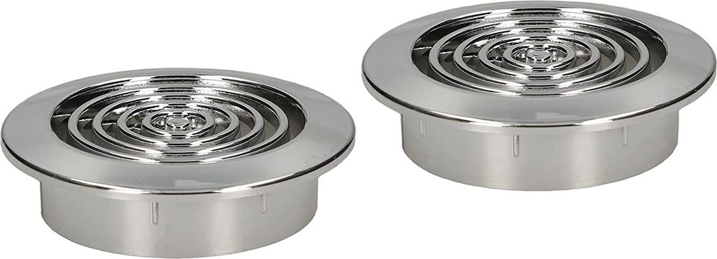 Two circular metal ventilation grilles shown from a slightly elevated diagonal angle against a white background.