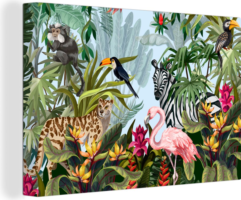OneMillionCanvasses - Leinwandbilder - 150x100 cm, Dschungel - Natur - Jungen - Mädchen - Kinder - Zebra - Flamingo, Wandbilder Kunstdruck Wandd...