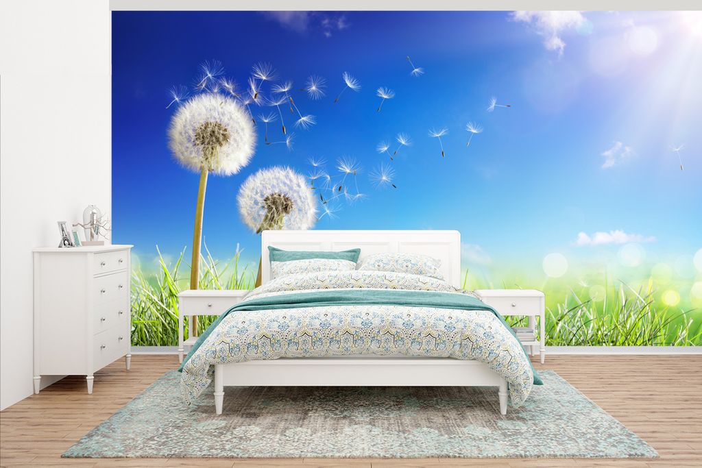 MuchoWow Fototapete für Wohnzimmer oder Schlafzimmer Wandtapete Vinyl Motivtapete Löwenzahn - Saatgut - Frühling - 500x280 cm - Fototapeten