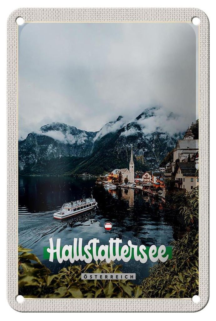Blechschild Reise 12x18cm Hallstättersee Berge Schiff Boot Produktbild 