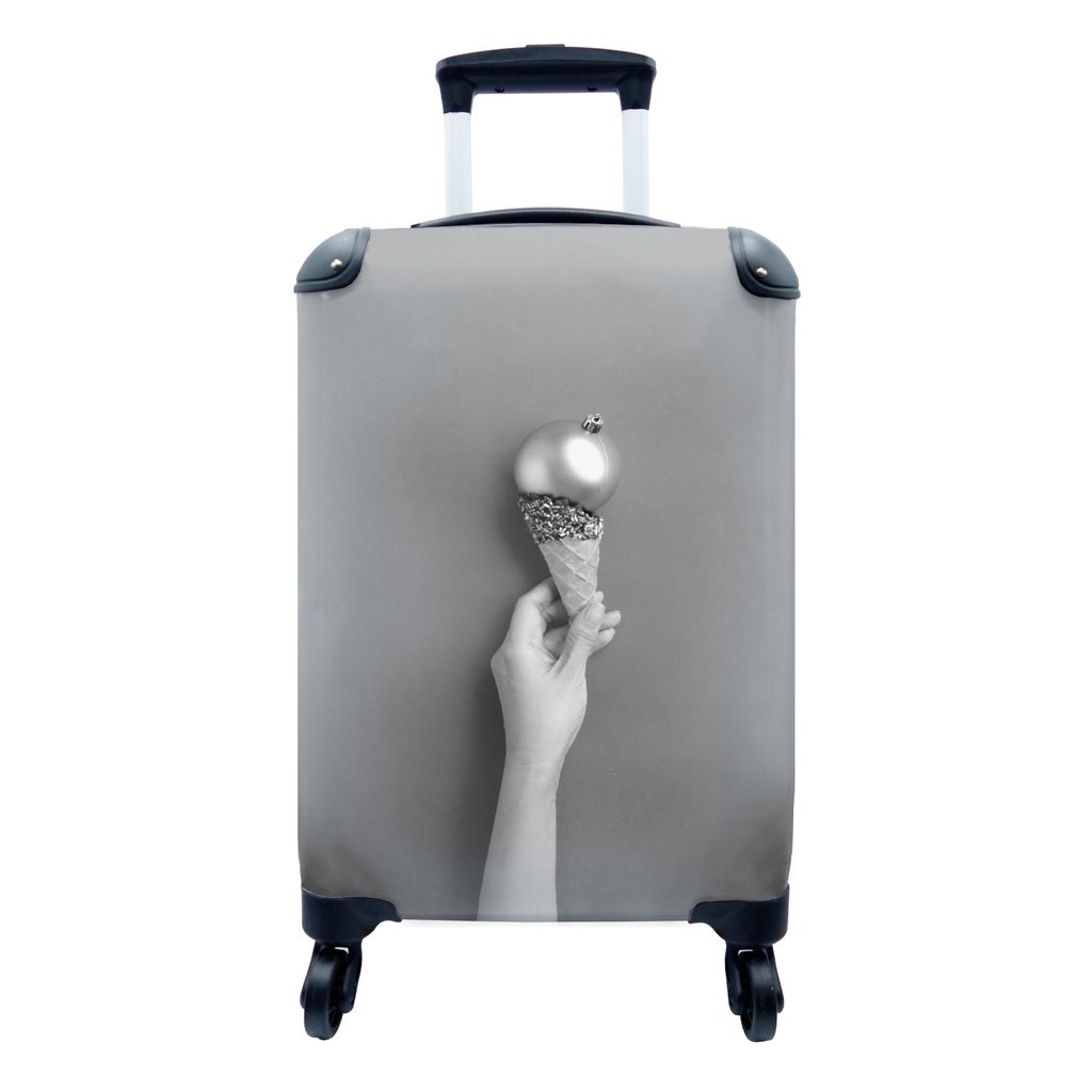 MuchoWow Koffer Handgepäck Trolley Rollkoffer Kleine Reisekoffer mit 4 Rollen - Stilleben eines Eises mit einer goldenen Weihnachtskugel - schwa...