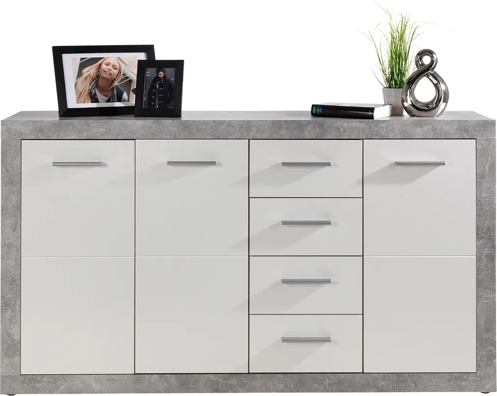 Buffet laqué blanc brillant style industriel béton avec rangements - 3