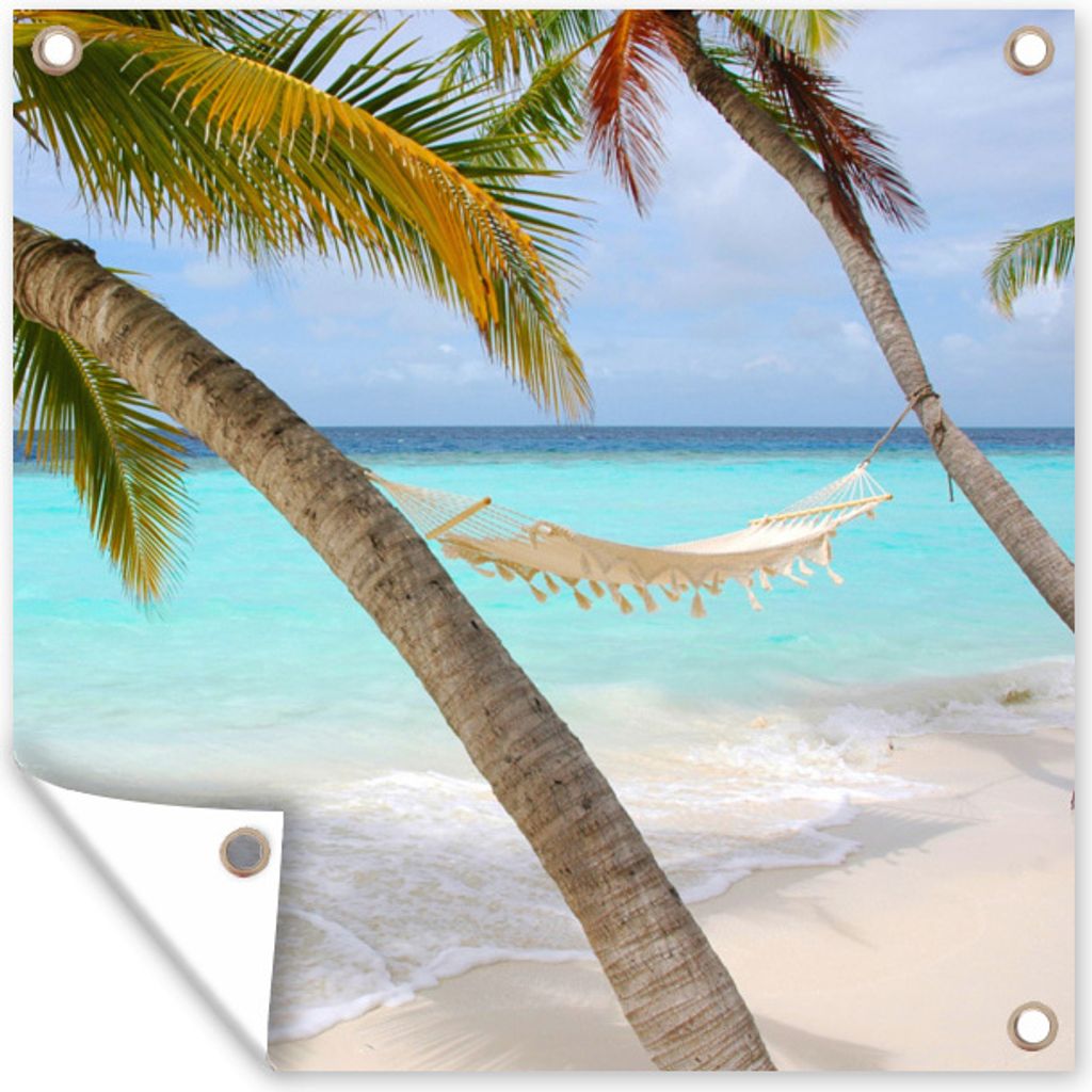MuchoWow 50x50 cm Outdoor-Poster Gartendeko Sichtschutz Garten Poster für den Garten Hängematte - Meer - Strand